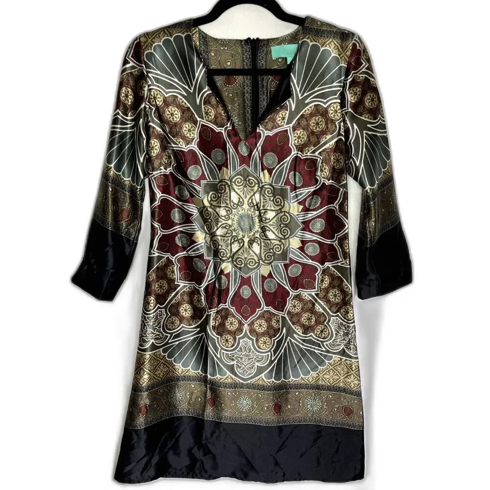 3/4 Sleeve Silk Print Shift Dress Multicolor Size S - Picture 2 of 4